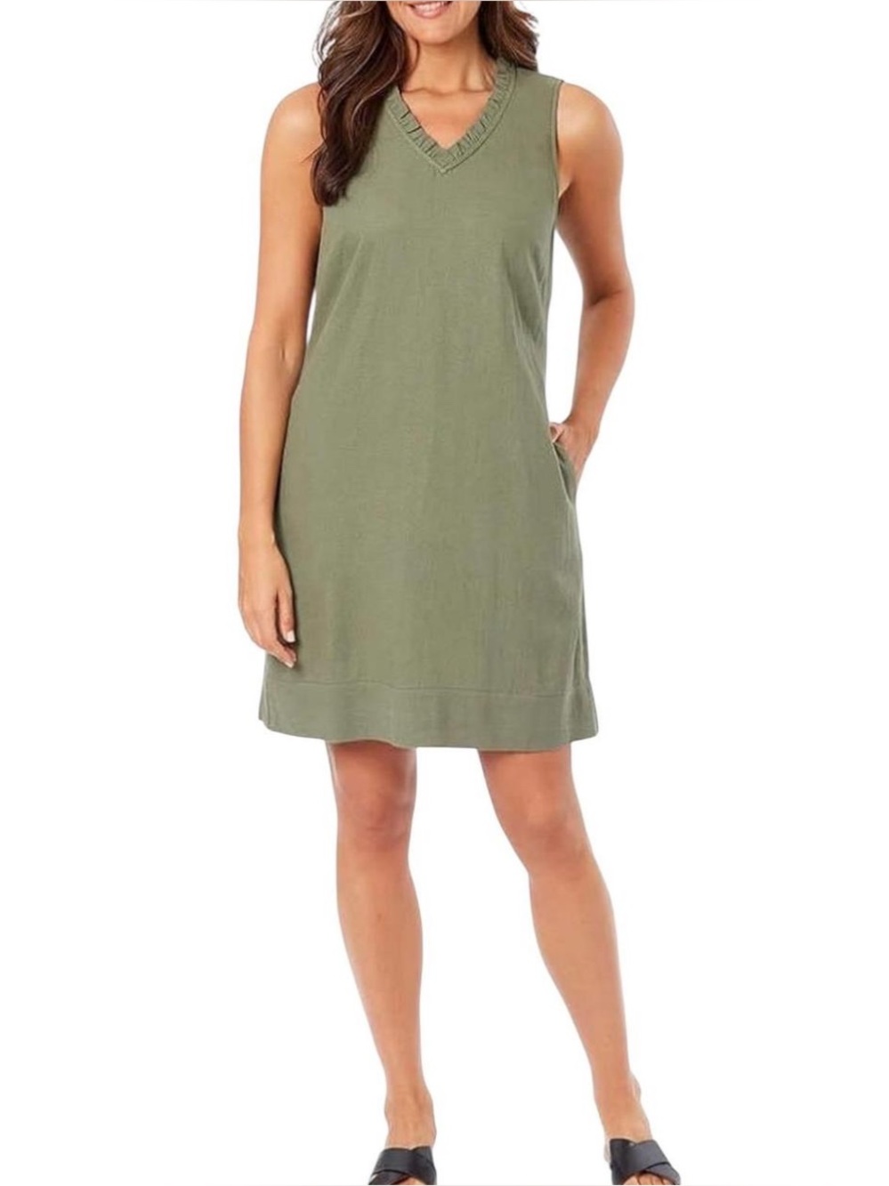 Sleeveless V-Neck Shift Dress in Olive Green
